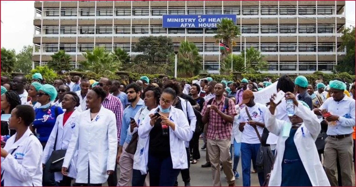 File photo of doctors demonstrating outside the Ministry of Health headquarters in Nairobi.
